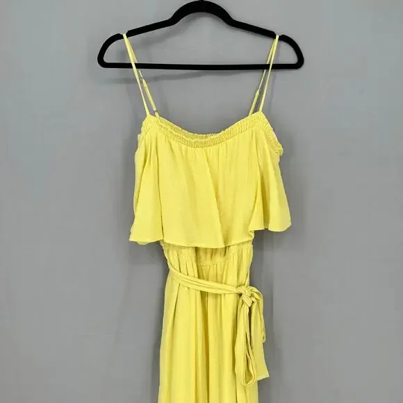 Victoria Sophia Dress Large Yellow Midi Pockets Belted Ruffle Cottage Boho Flowy - Picture 5 of 11